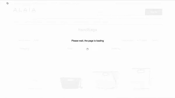 A gif scrolling luxury retailer Alaïa’s “accessible” version of their website, showing broken images, and ugly blue all caps text.