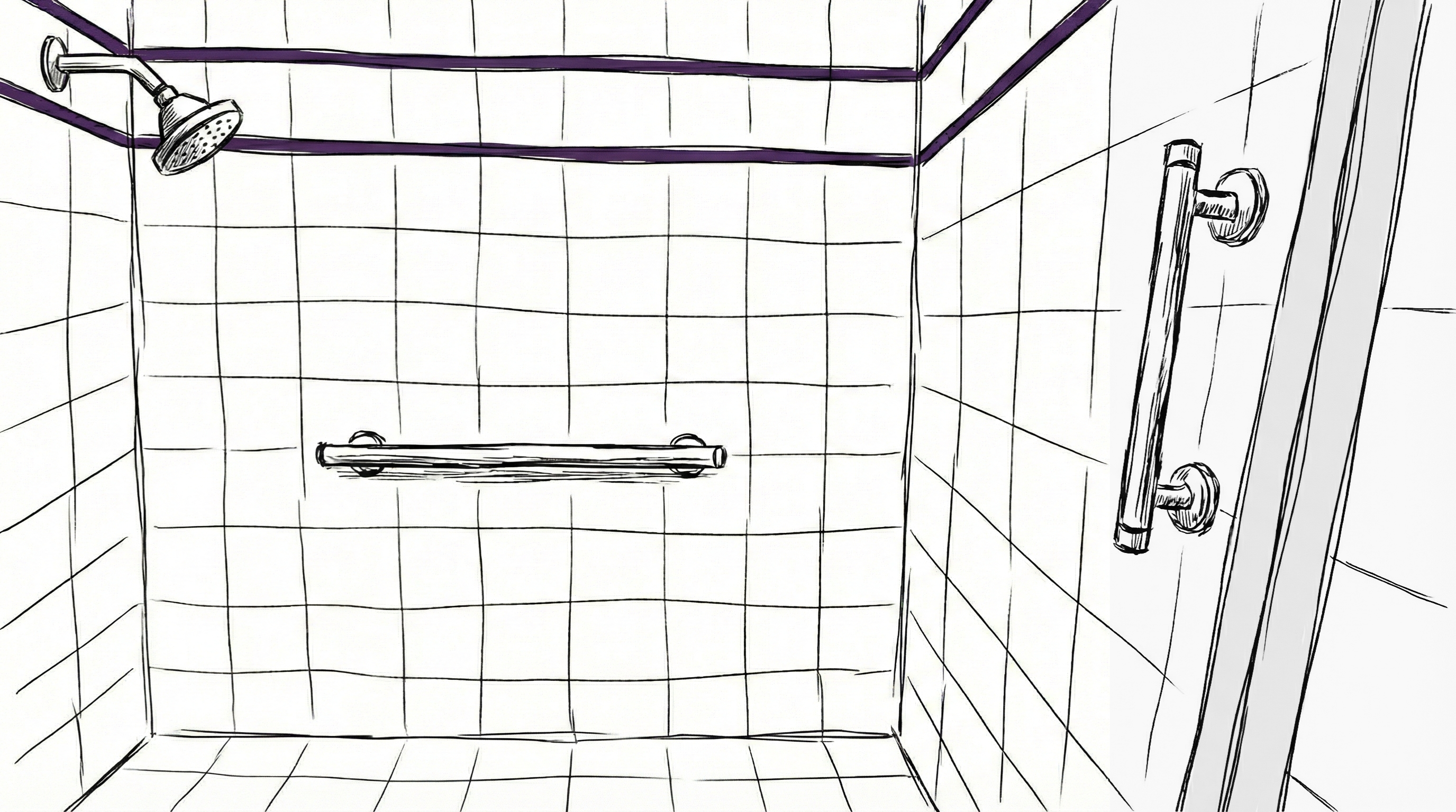'A drawing of a shower with grab bars installed'
