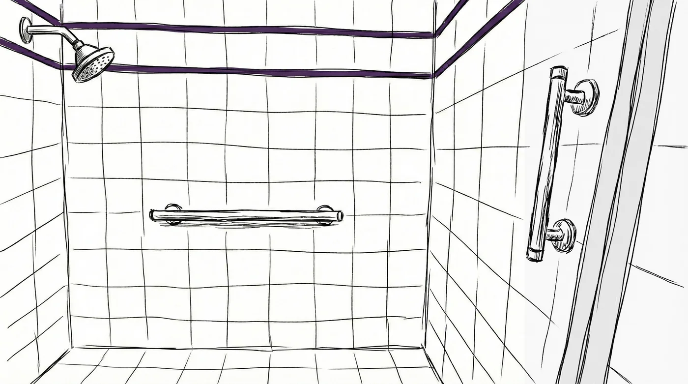 'A drawing of a shower with grab bars installed'